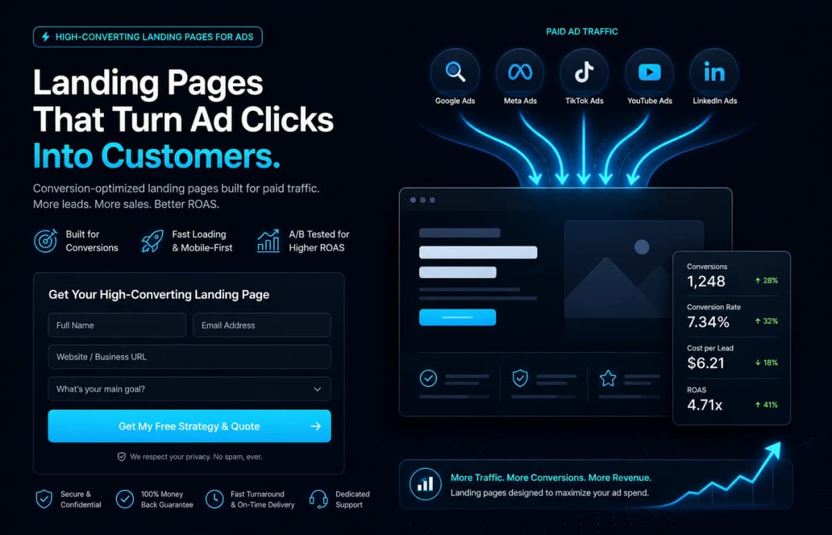 Landing pages pentru Ads — pagină de conversie cu formular și mesaj aliniat la reclamă