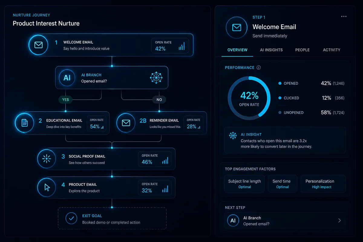 Journey nurture AI — ramuri condiționale și metrici open-rate