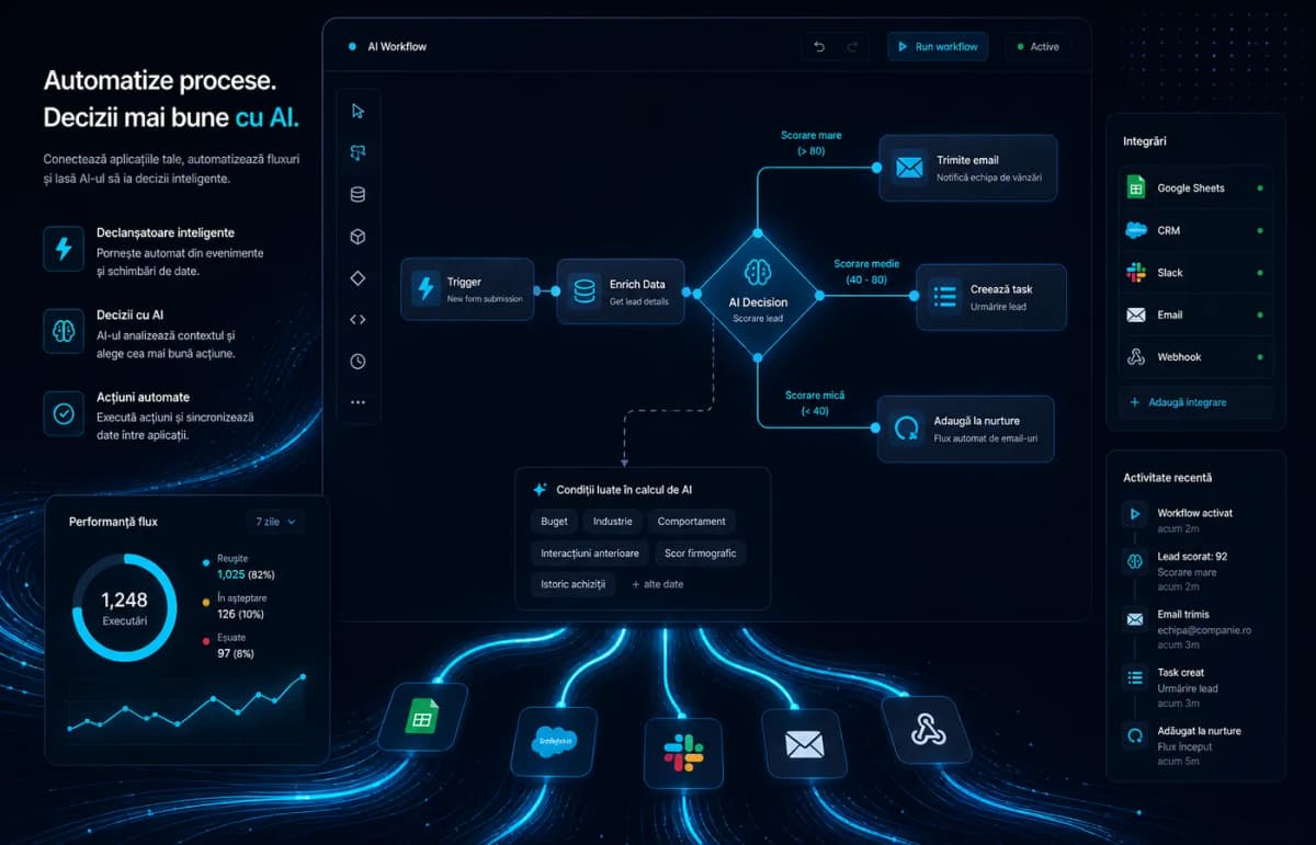Automatizare procese cu AI — workflow canvas cu trigger-e și decizii AI