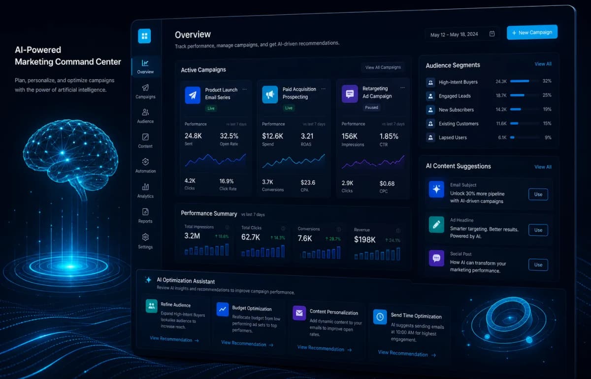 Marketing cu inteligență artificială — command center campanii și segmente
