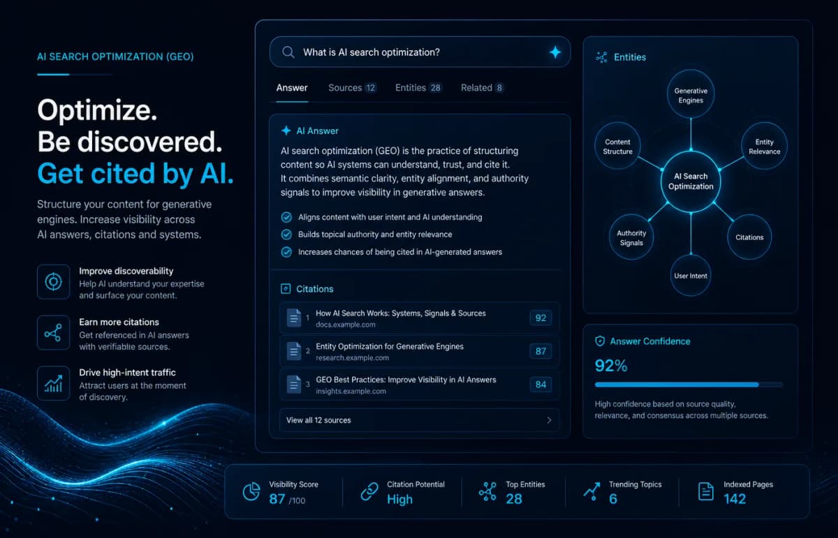 Optimizare pentru căutări AI — interfață generativă cu citații și entități