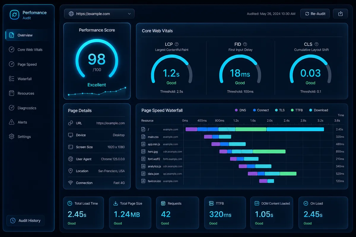 Audit performanță și Core Web Vitals — viteză, LCP, CLS, FID