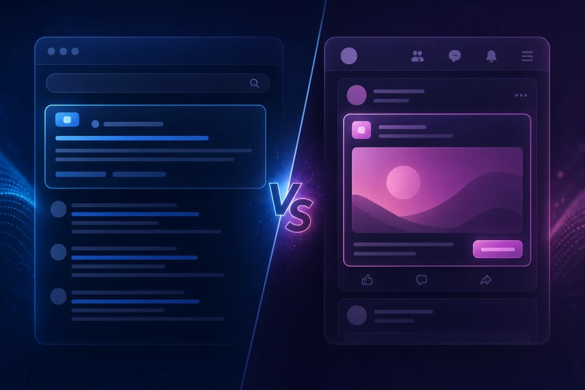 Ilustrație abstractă despre Google Ads versus Facebook Ads
