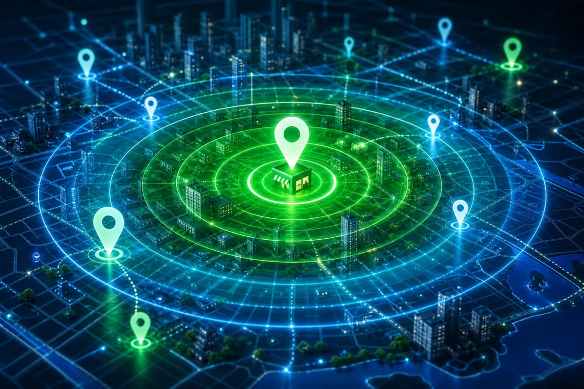 Ilustrație abstractă despre proximitatea și aria de dominare în Google Maps