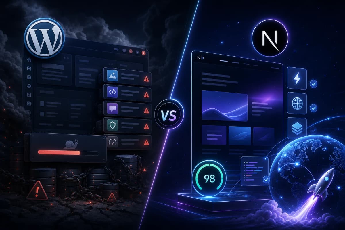 Ilustrație comparativă WordPress vs Next.js pentru site-uri web moderne