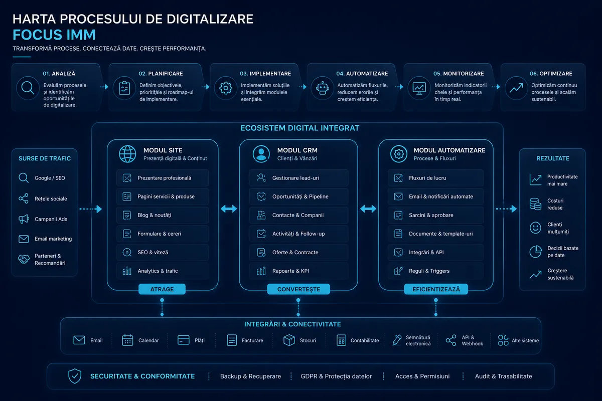 Hartă procese digitalizare IMM — site, CRM, automatizare conectate