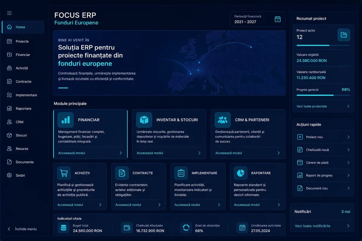 Module ERP pentru proiect finanțat — finance, inventar, CRM