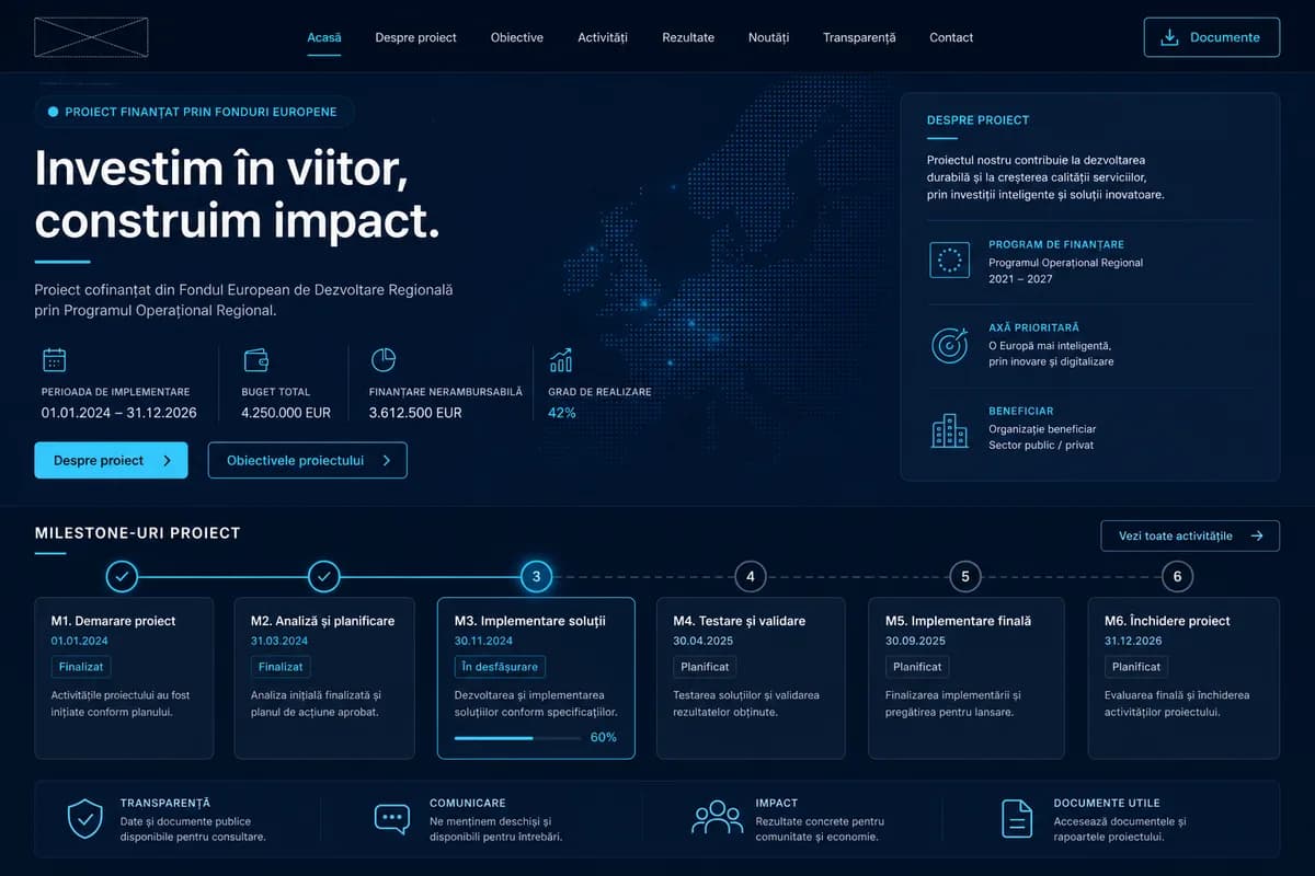 Wireframe website finanțat — milestone-uri și livrabile