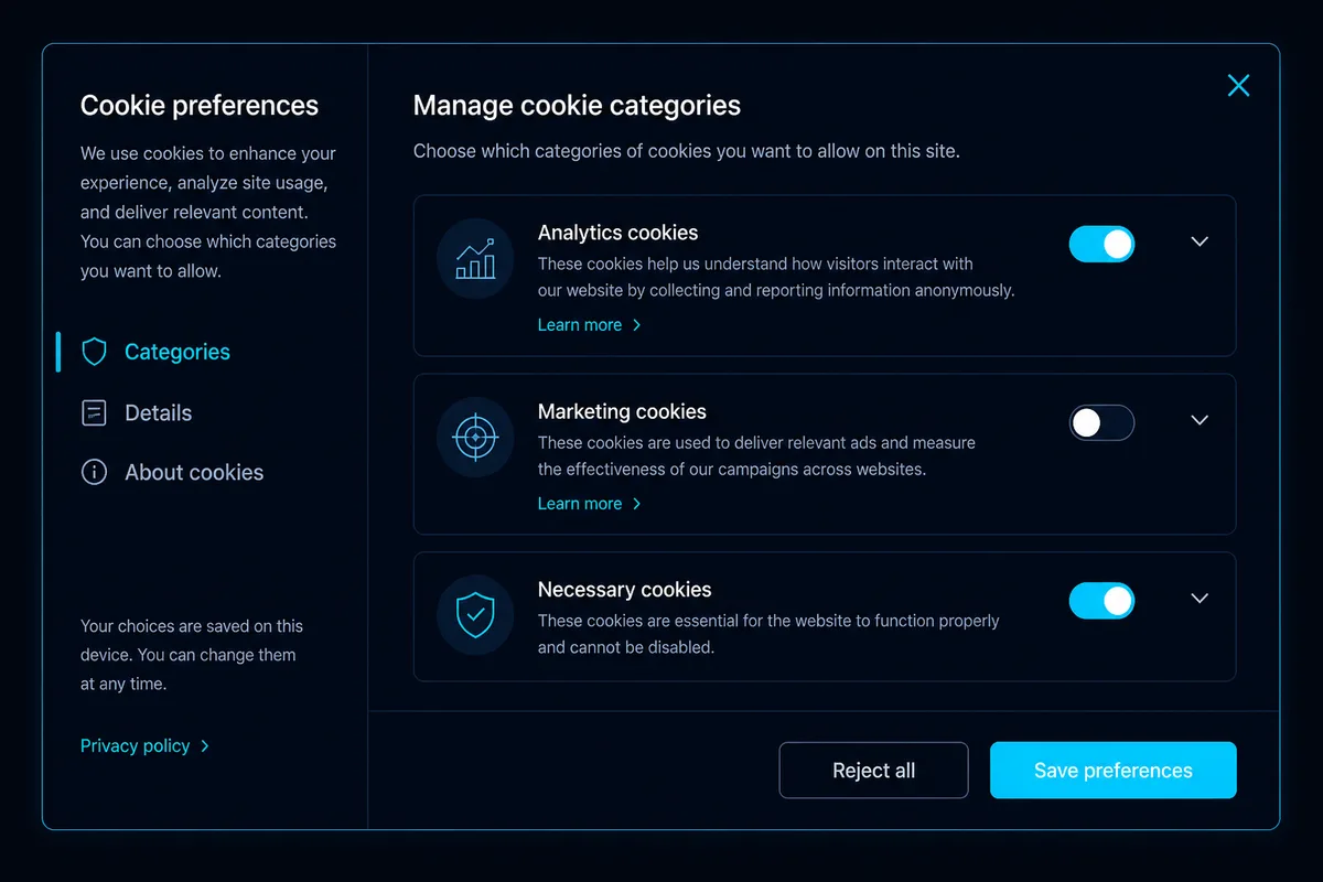 Preferințe cookies — toggles necessary, analytics, marketing