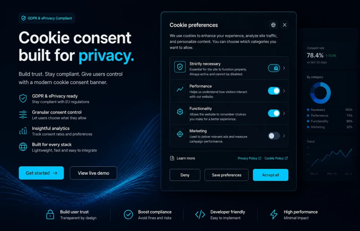 Banner cookies GDPR — modal preferințe cu categorii de consimțământ