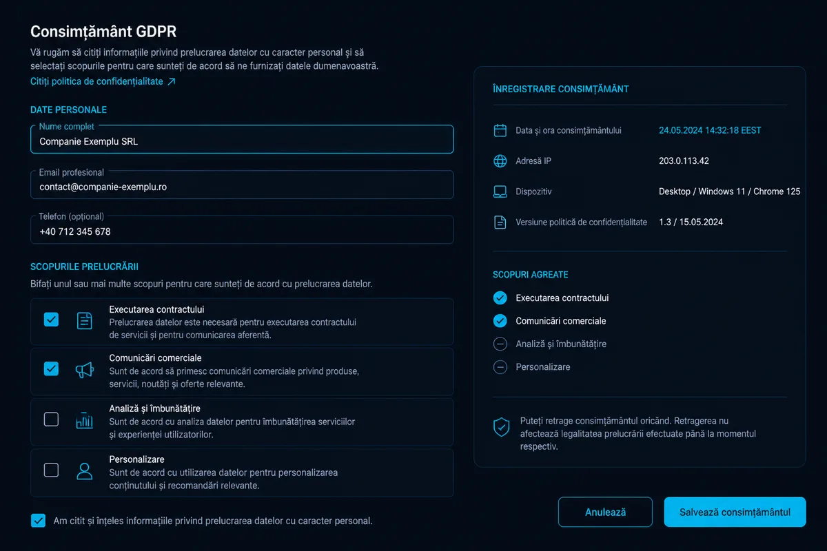 Câmpuri formular consimțământ — scopuri și înregistrare timestamp