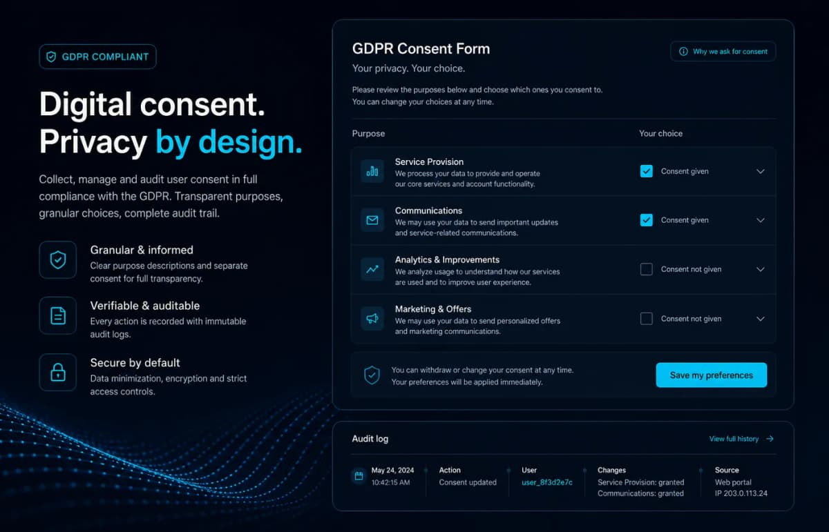 Formular consimțământ GDPR — scopuri, checkbox-uri și jurnal de consimțământ
