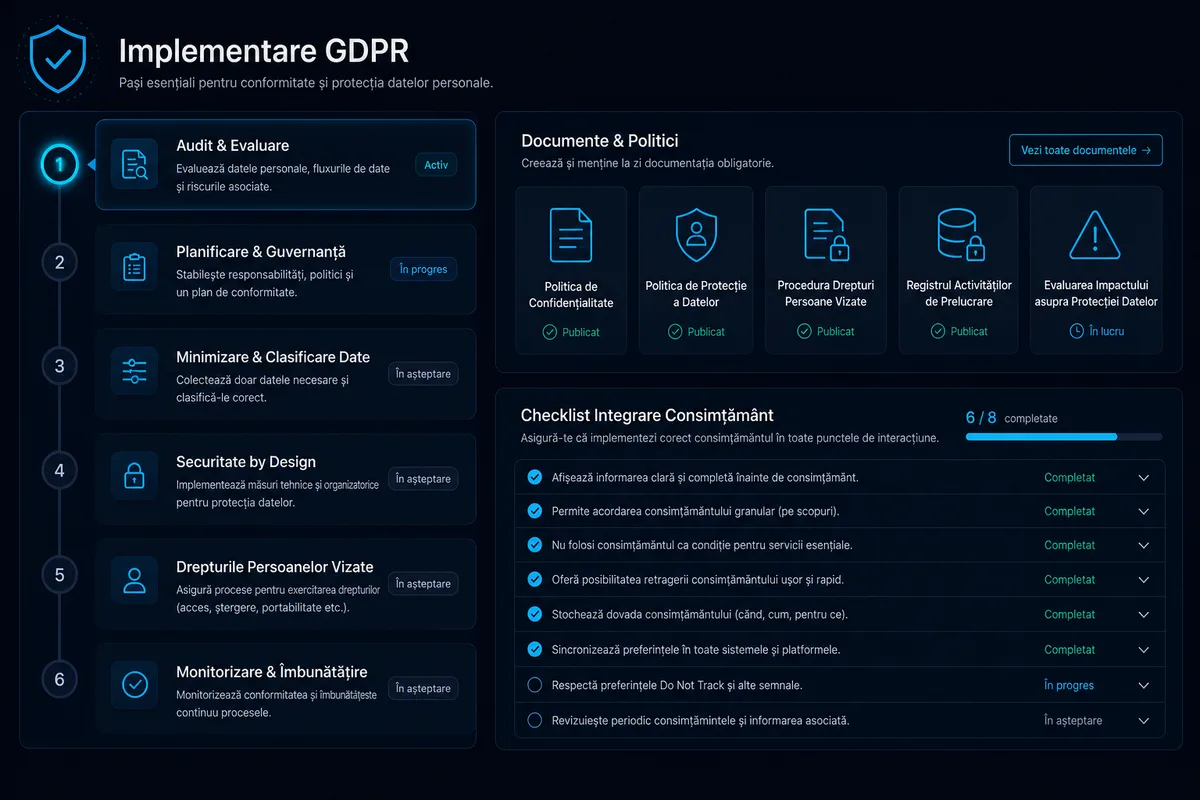 Pași implementare GDPR — politici și checklist integrare consimțământ
