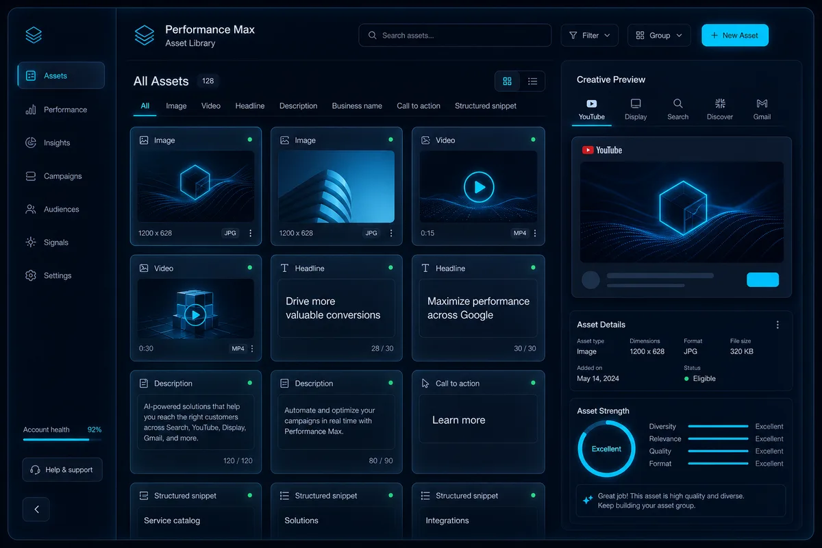 Assets creative Performance Max — imagini, video, headline, descrieri