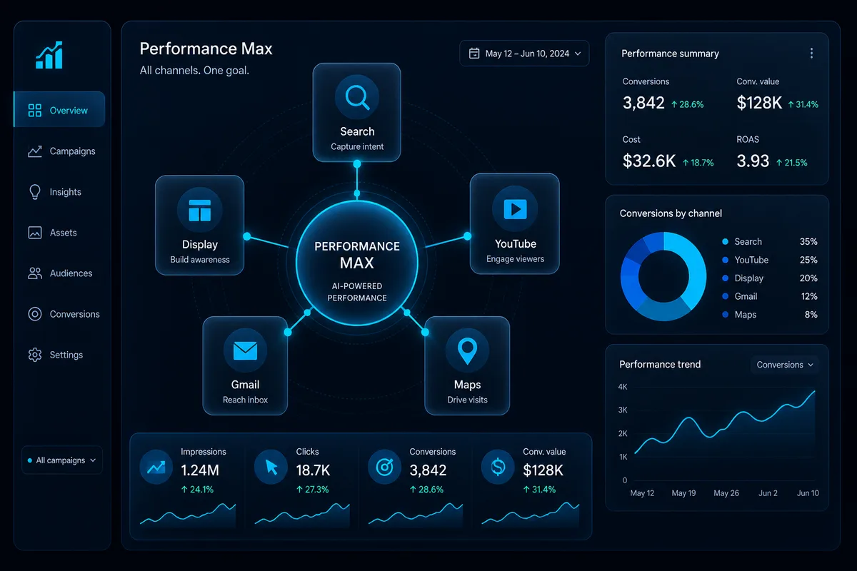 Canale Performance Max — Search, Display, YouTube, Gmail, Maps integrate