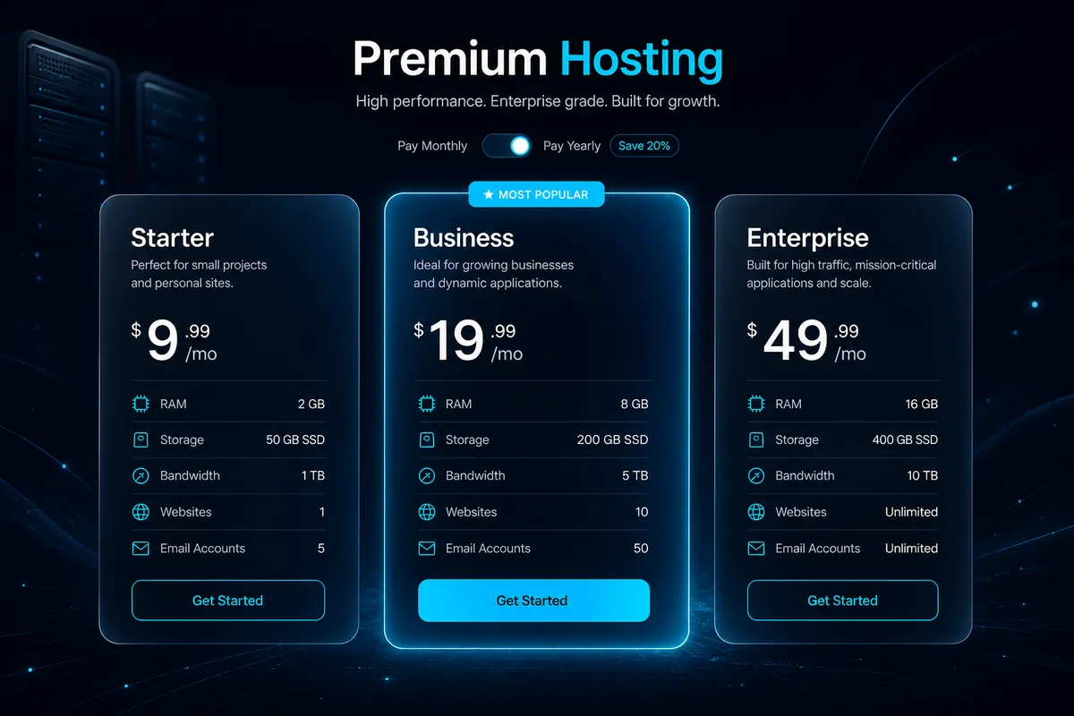 Pachete hosting premium — Starter, Business, Enterprise