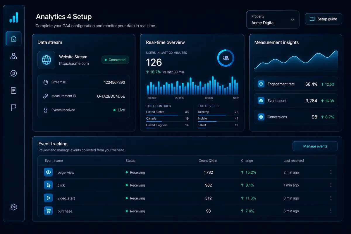 Setup Google Analytics 4 — data stream, evenimente și conversii