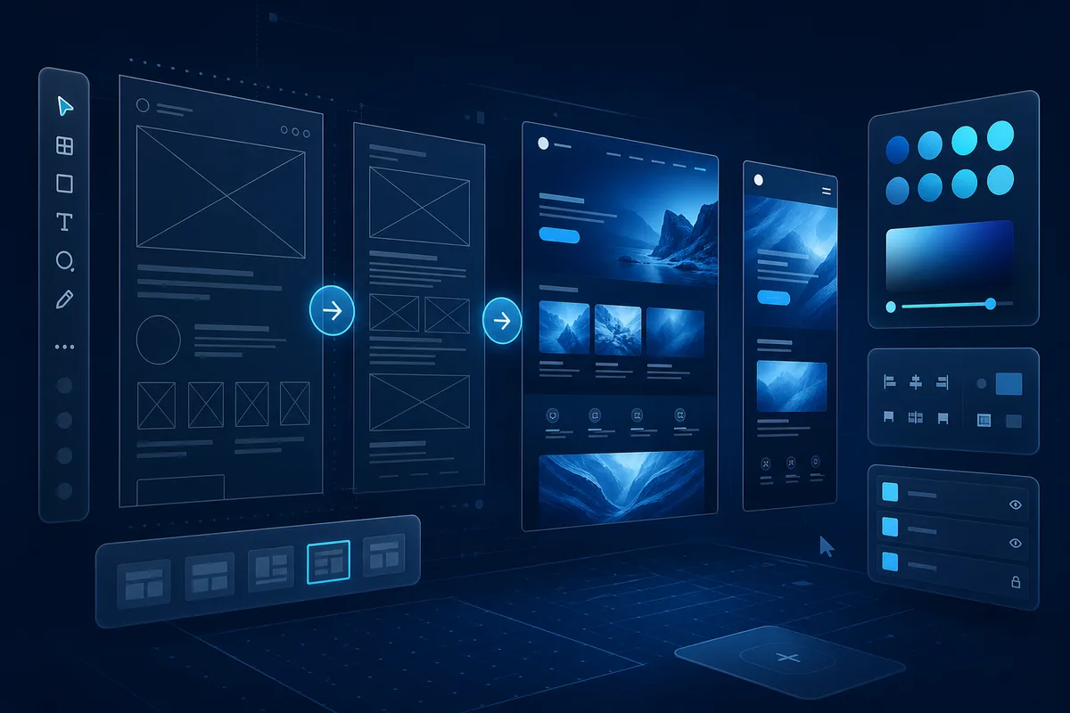 Servicii web design: wireframe, UI și mockup site într-un flux de agenție