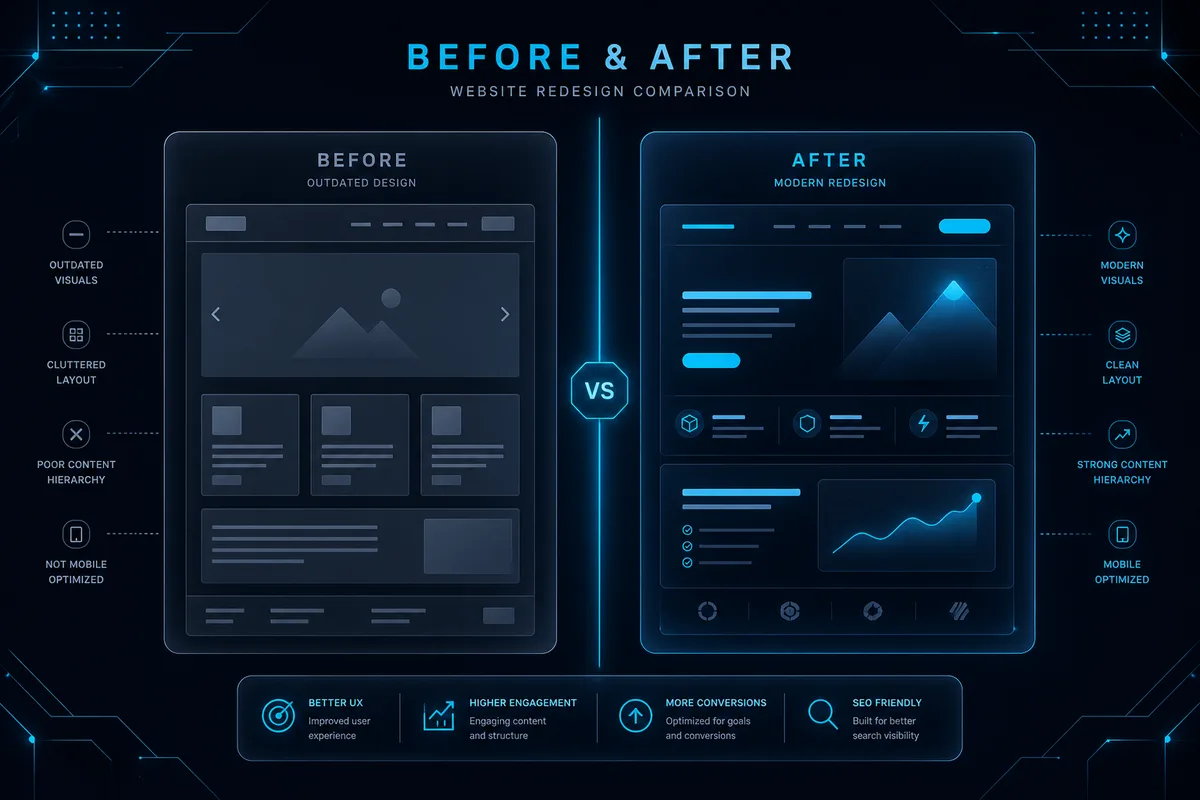 Înainte și după refacere site — comparație vizuală a transformării