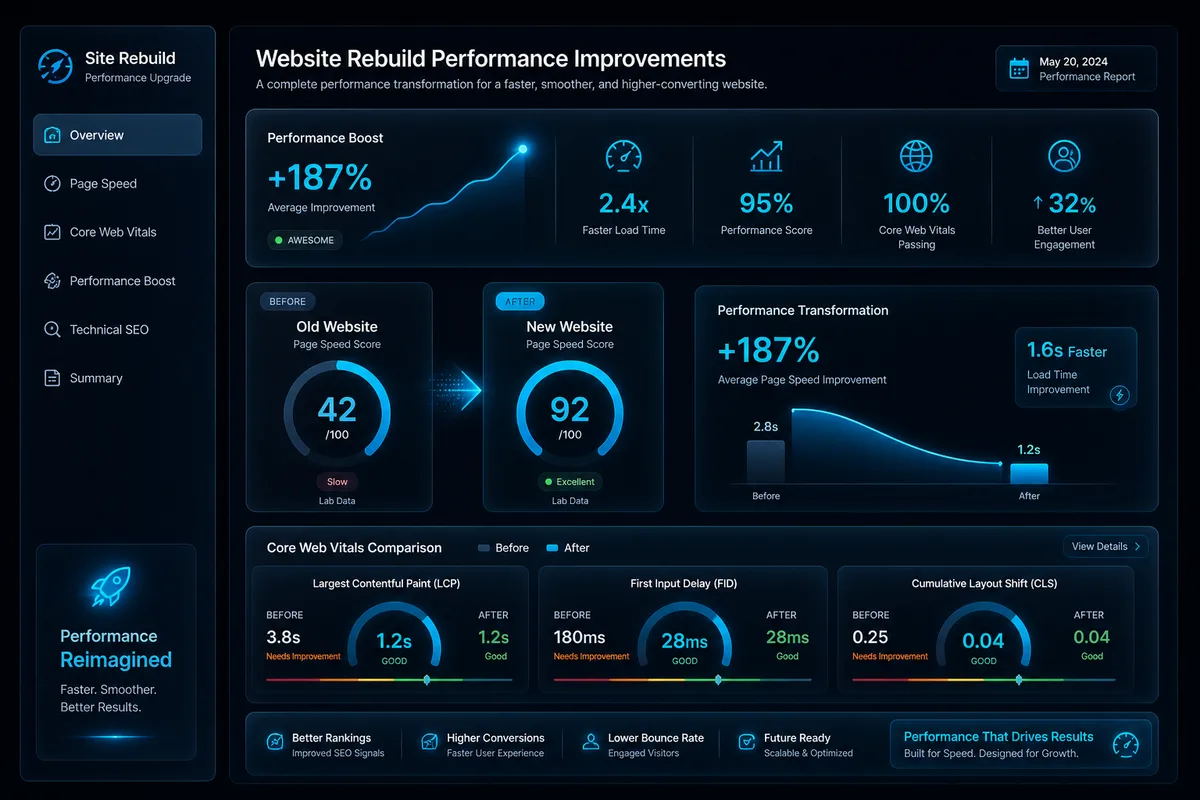 Performanță după refacere site — Core Web Vitals și viteză îmbunătățite