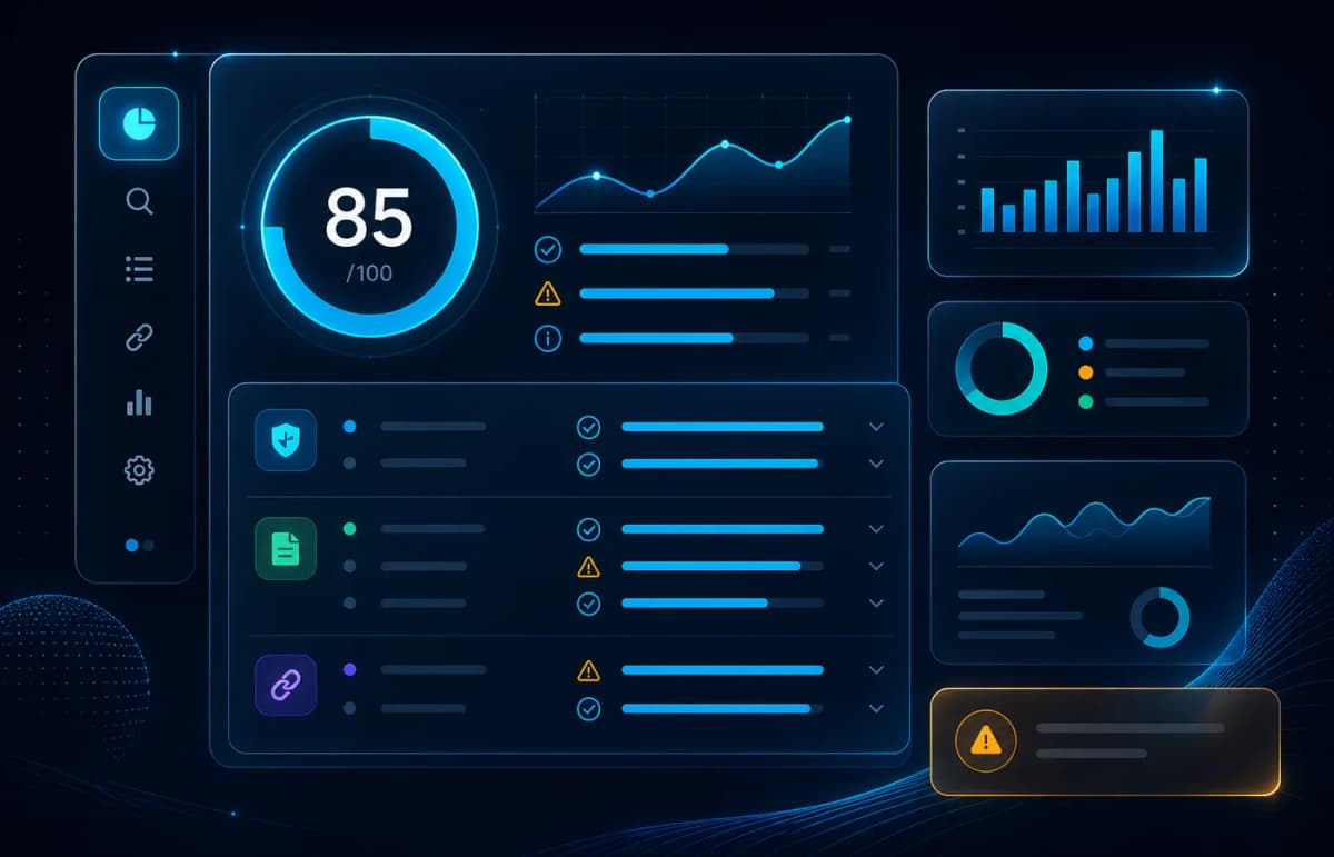 Audit SEO complet — dashboard cu checklist diagnostic, scor site și categorii de probleme