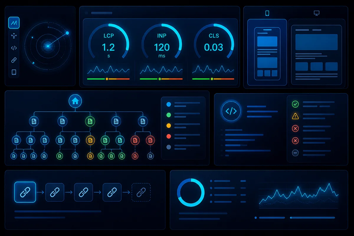 Audit tehnic SEO — gauge-uri CWV, arbore crawl și status indexare