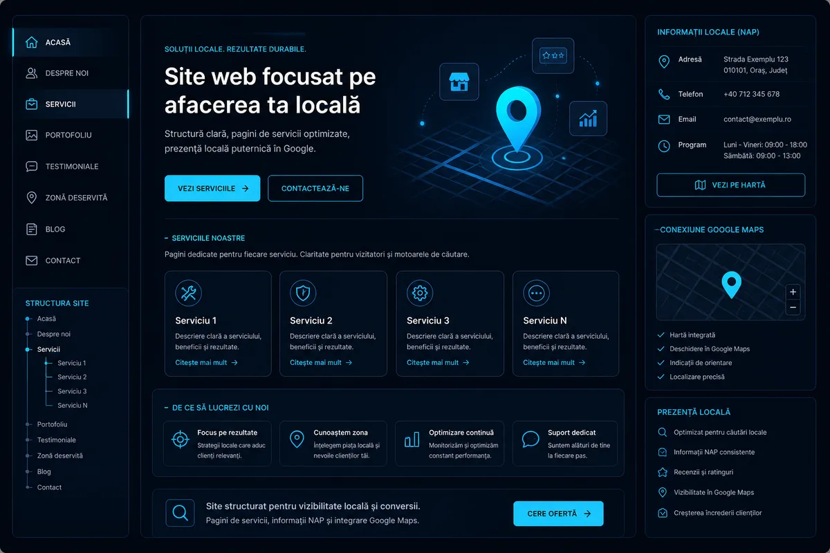 Structură site afacere locală — pagini servicii, NAP și legătură Google Maps