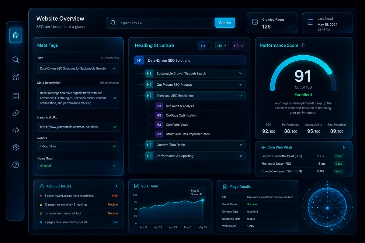 Site de prezentare optimizat SEO — meta, heading-uri și performanță